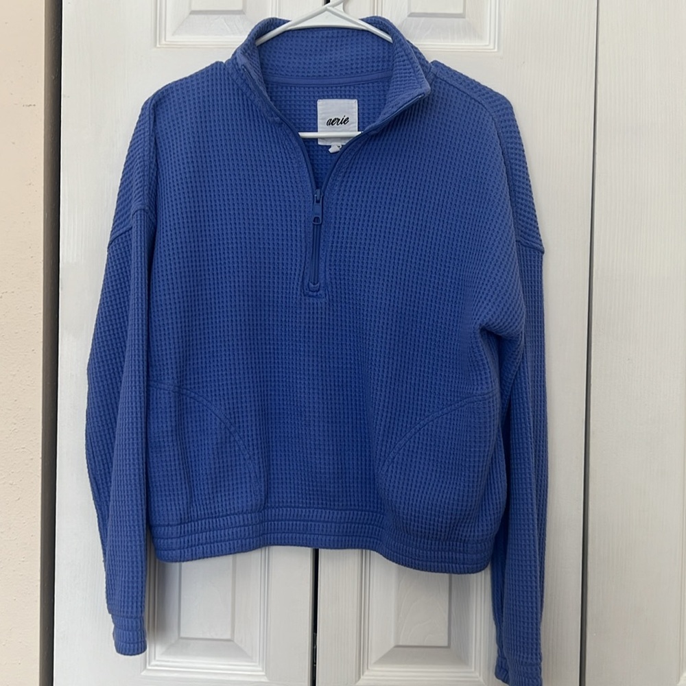 Aerie “Waffle Quarter Zip Sweatshirt” in Blue (XS)